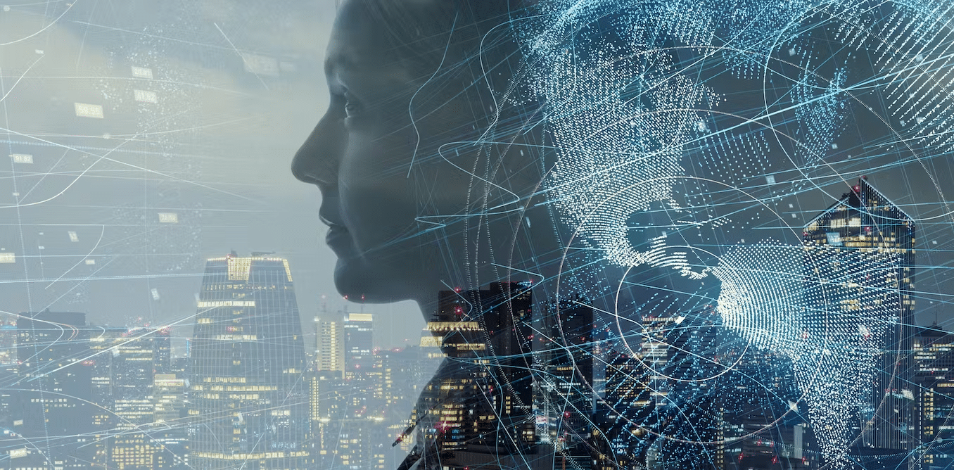 womans head overlaid on a city scape with a transparent globe represents Strategic Operational Risk Resiliency Management